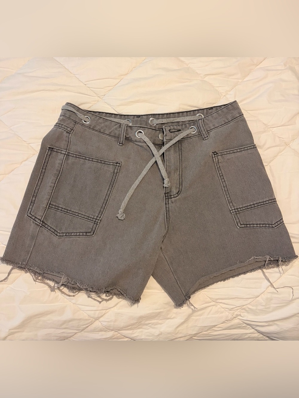 Womens Drawstring Denim Shorts - Gray